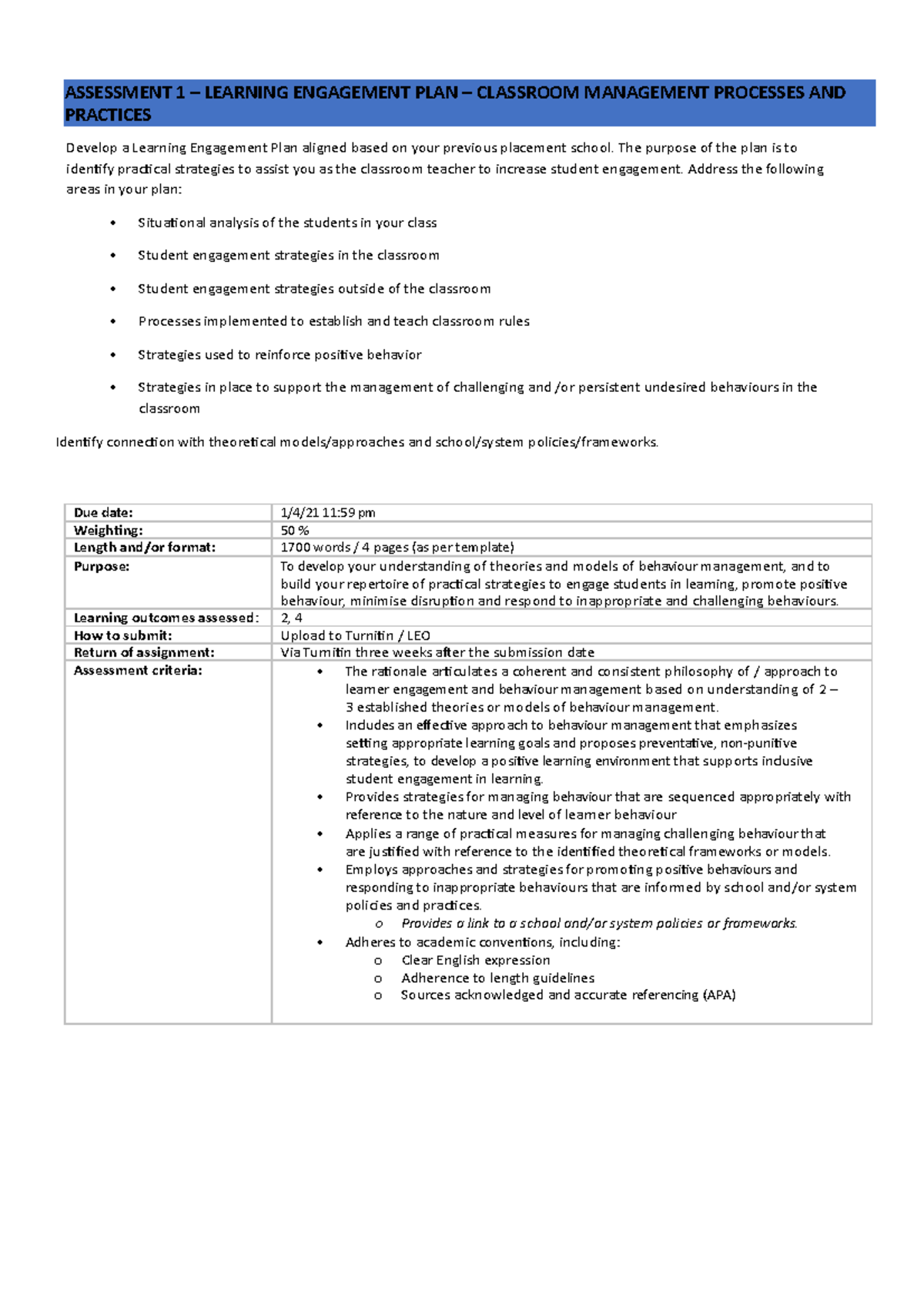 A1 Template Word File - ASSESSMENT 1 – LEARNING ENGAGEMENT PLAN ...