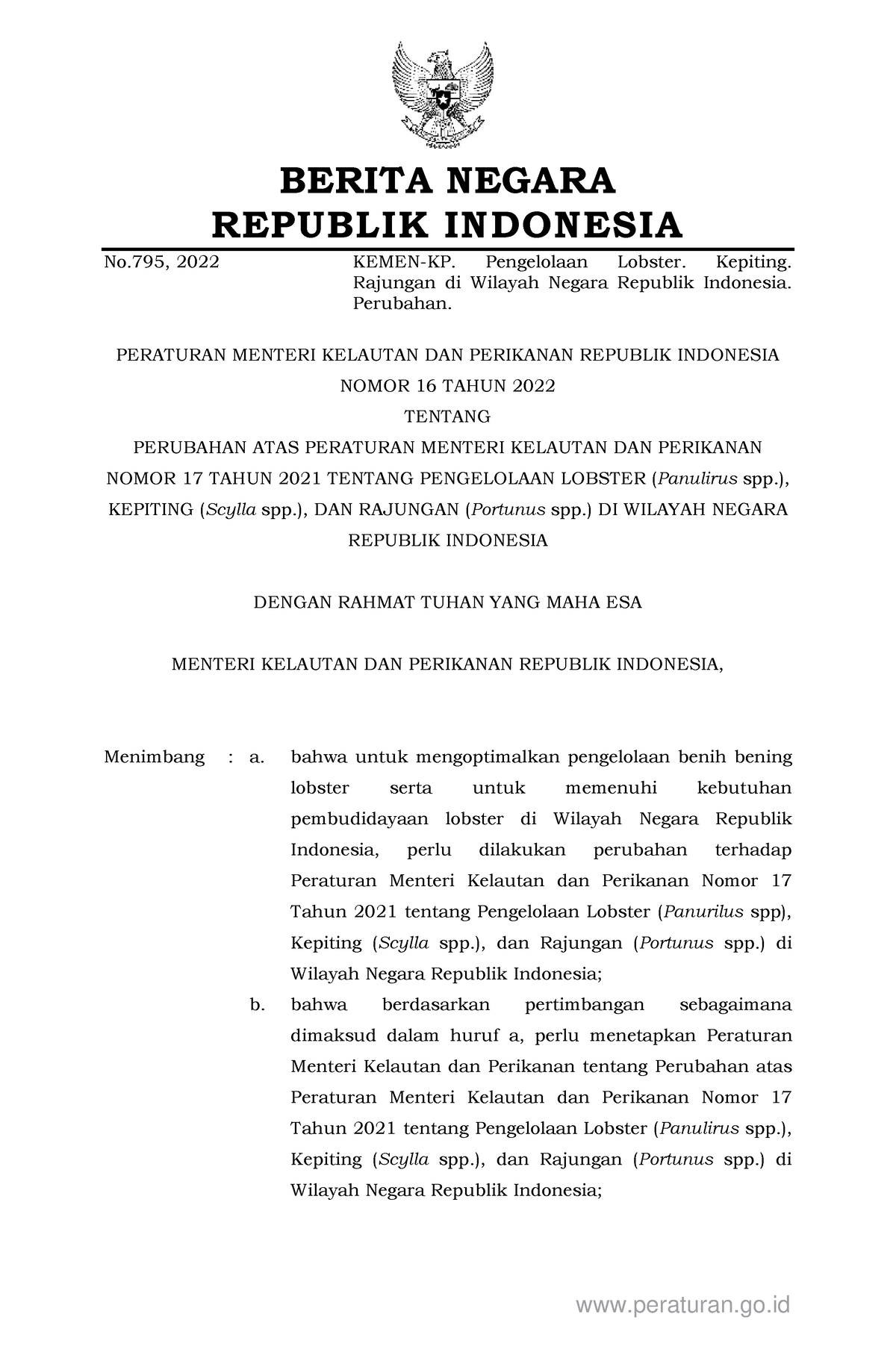 Bn795-2022 - Permen KP 16 Tahun 2022 - BERITA NEGARA REPUBLIK INDONESIA ...