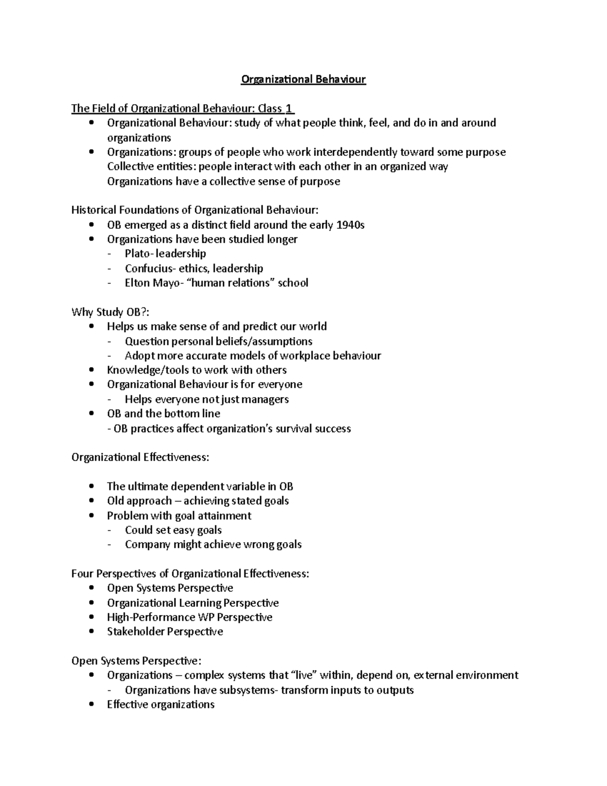 Organizational Behaviour Week 1 Lecture Notes - Organizational ...