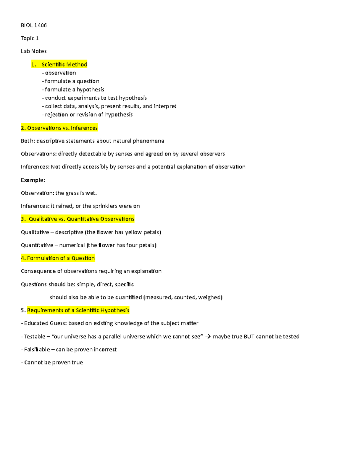 Topic 1 Notes - Lab Exam 1 - BIOL 1406 Topic 1 Lab Notes 1. Scientific ...