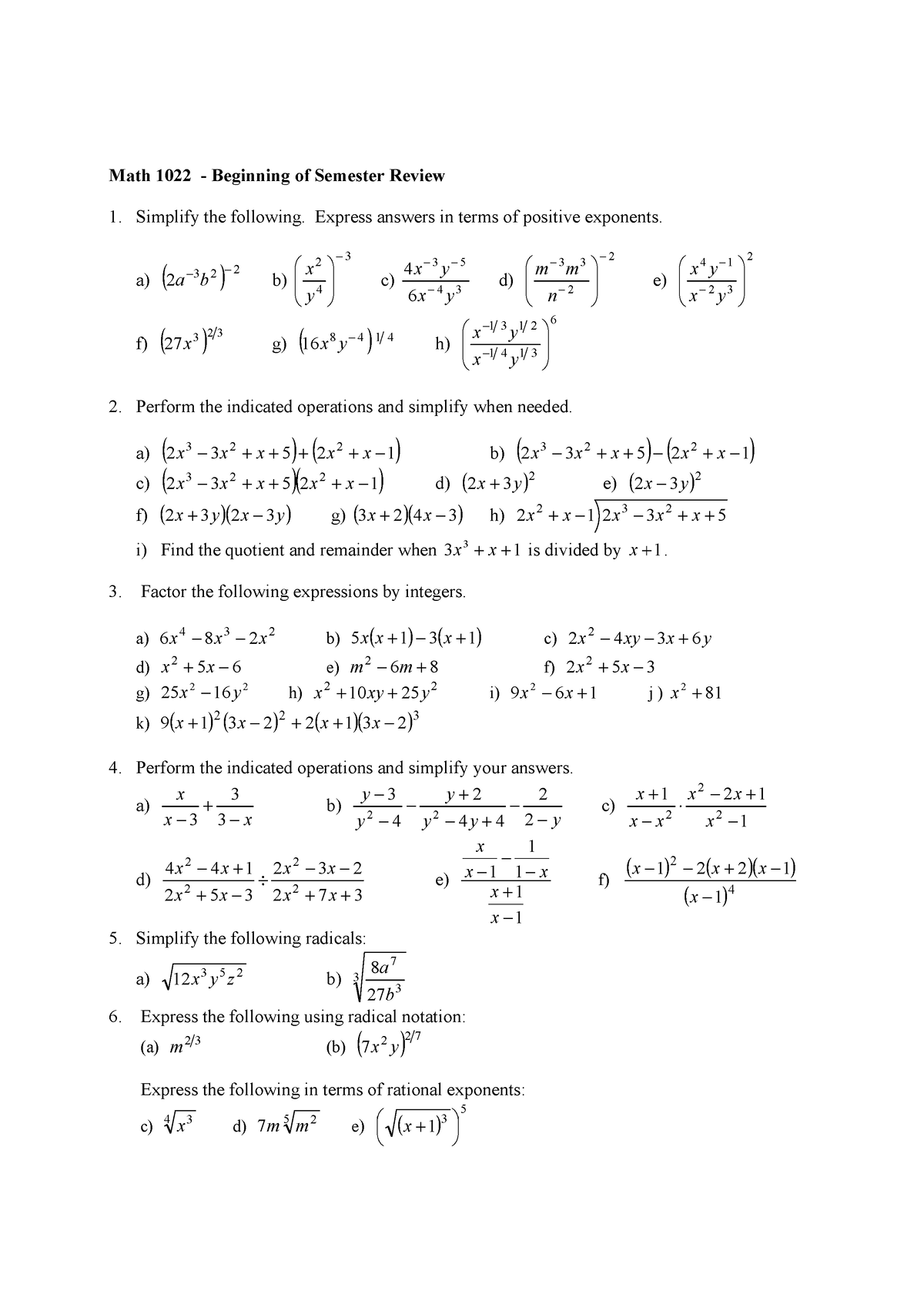 Math 1022 - Beginning of Semester Review - - Studocu