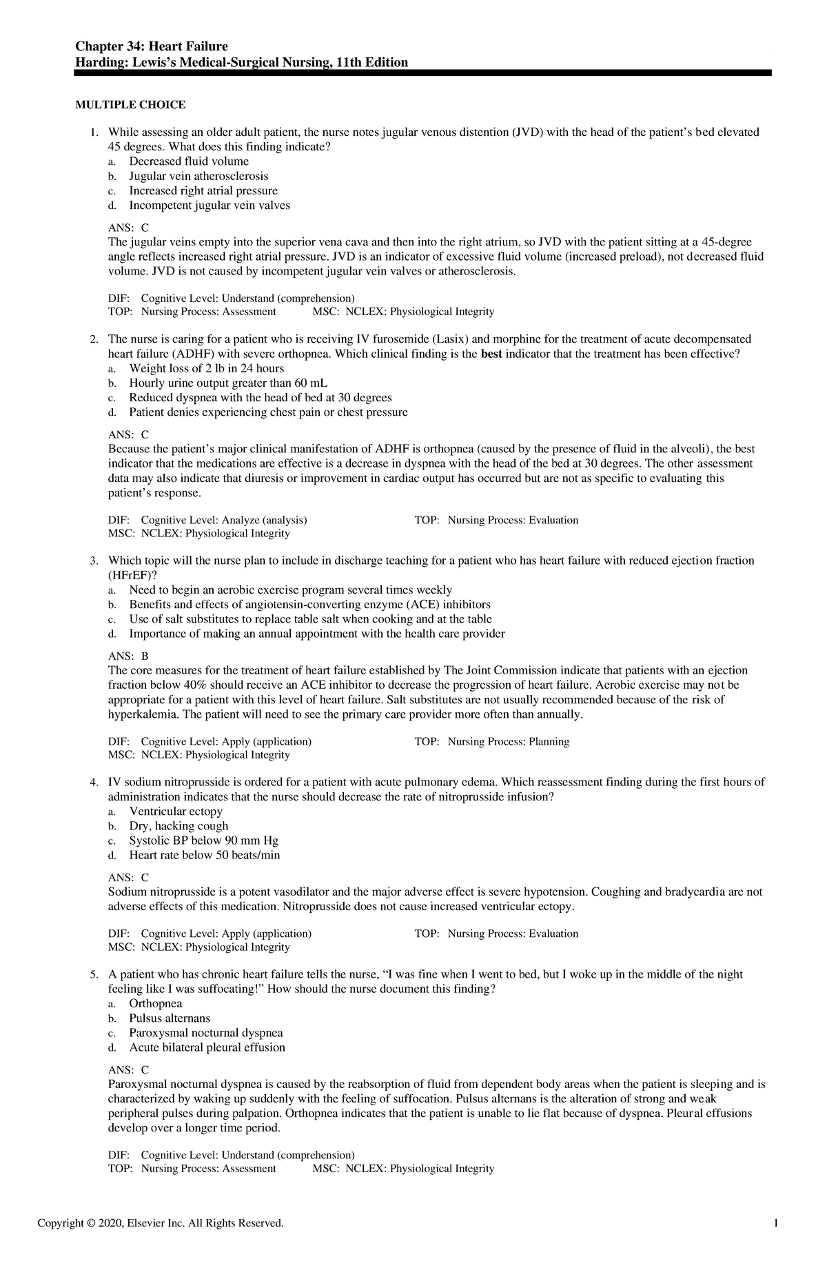 Exam View - CH0034 Harding 11e TB - Chapter 34: Heart Failure Harding ...