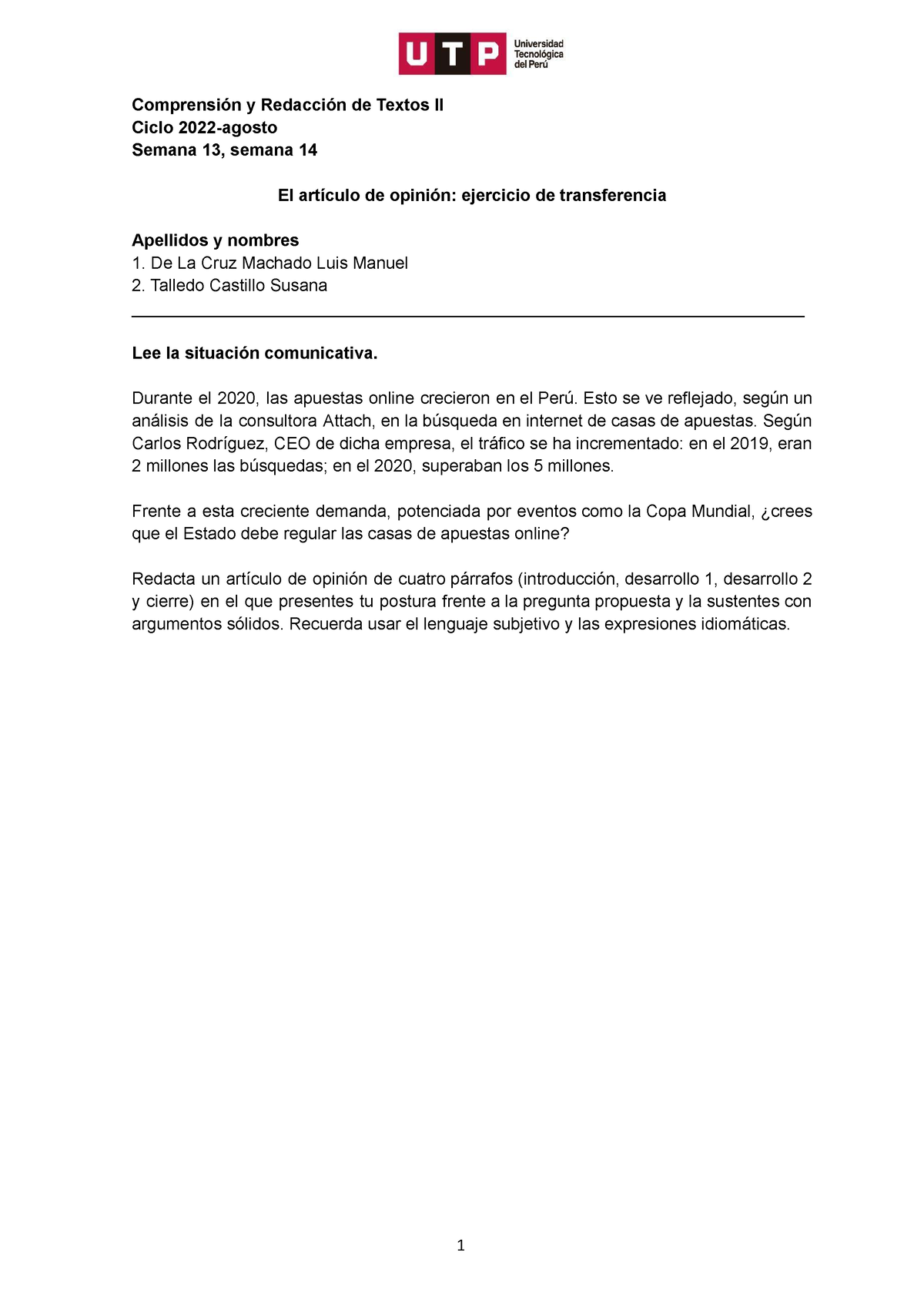 S13 Y S14 - El Artículo De Opinión Ejercicio De Transferencia Formato-1 ...