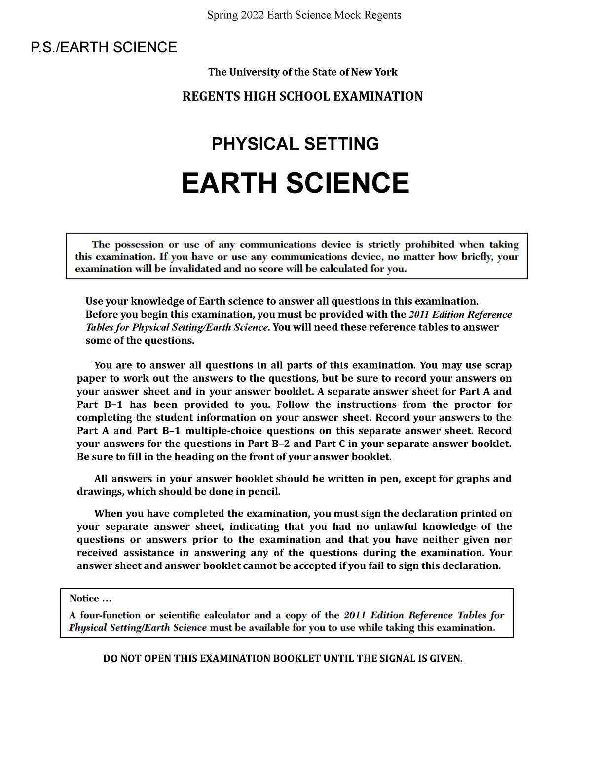 Spring 2022 Mock Regents Exam (Final Version) Spring 2022 Earth