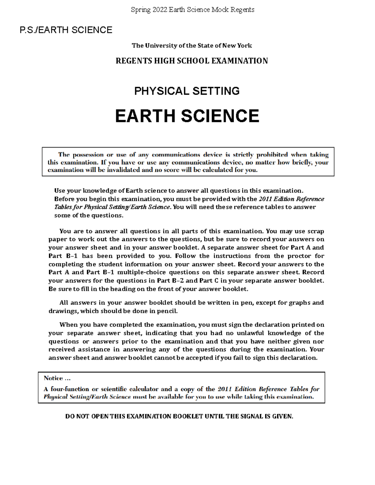 Spring 2022 Mock Regents Exam Final Version Spring 2022 Earth Spring 2022 Mock Regents Exam Final Version Spring 2022 Earth