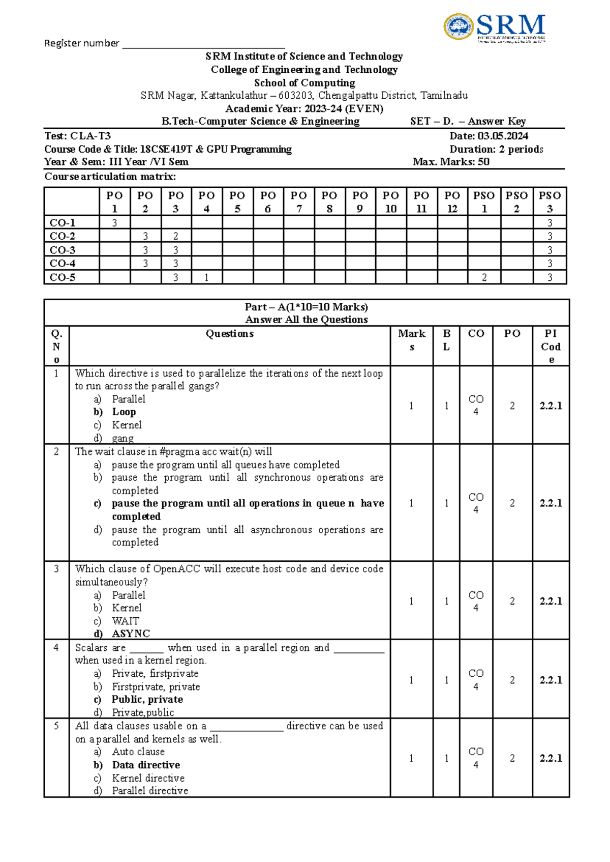CT3 set D Answer Key - GPU PROGRAMMING - Register number ...
