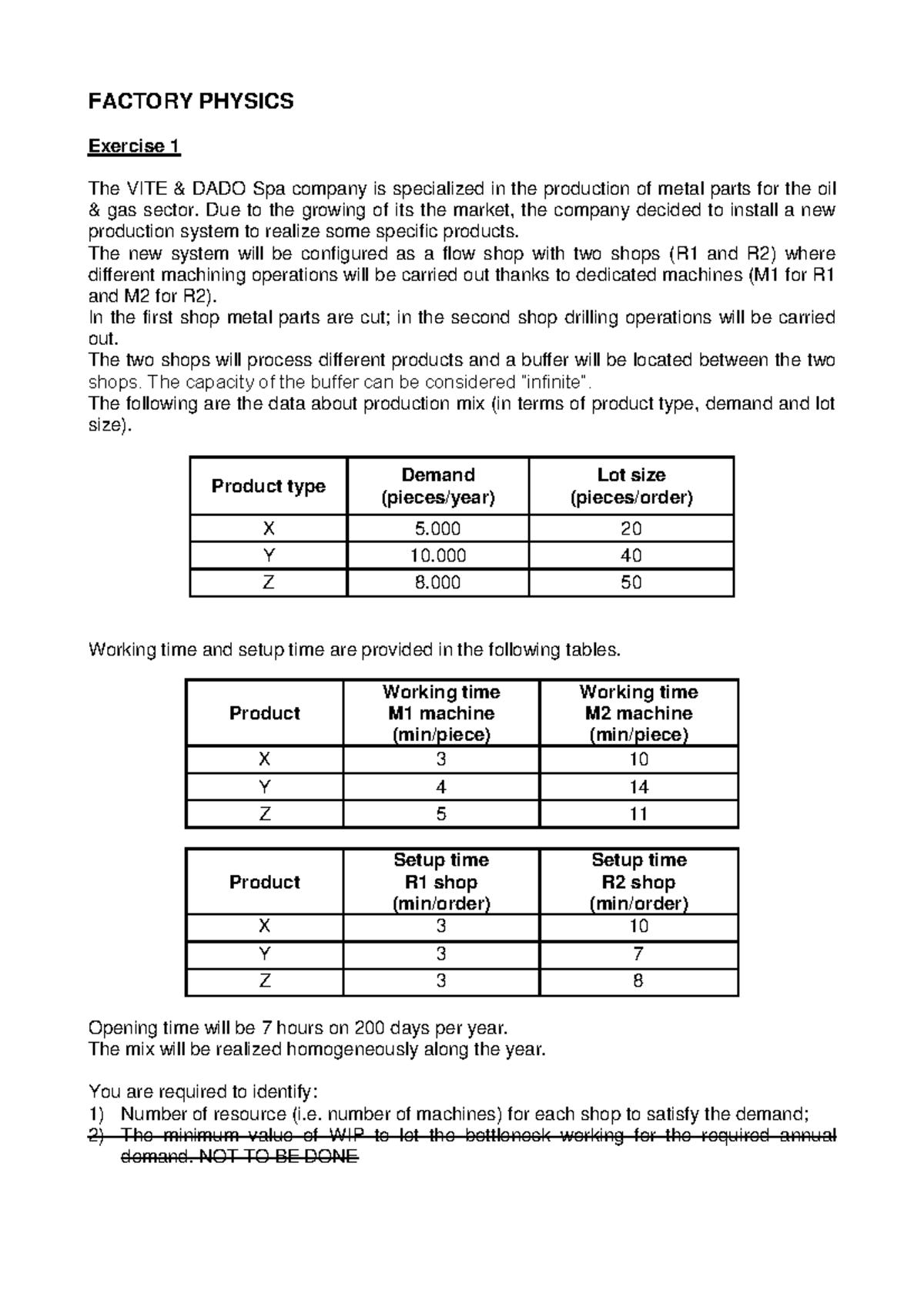 Factory physics exercise - FACTORY PHYSICS Exercise 1 The VITE & DADO ...