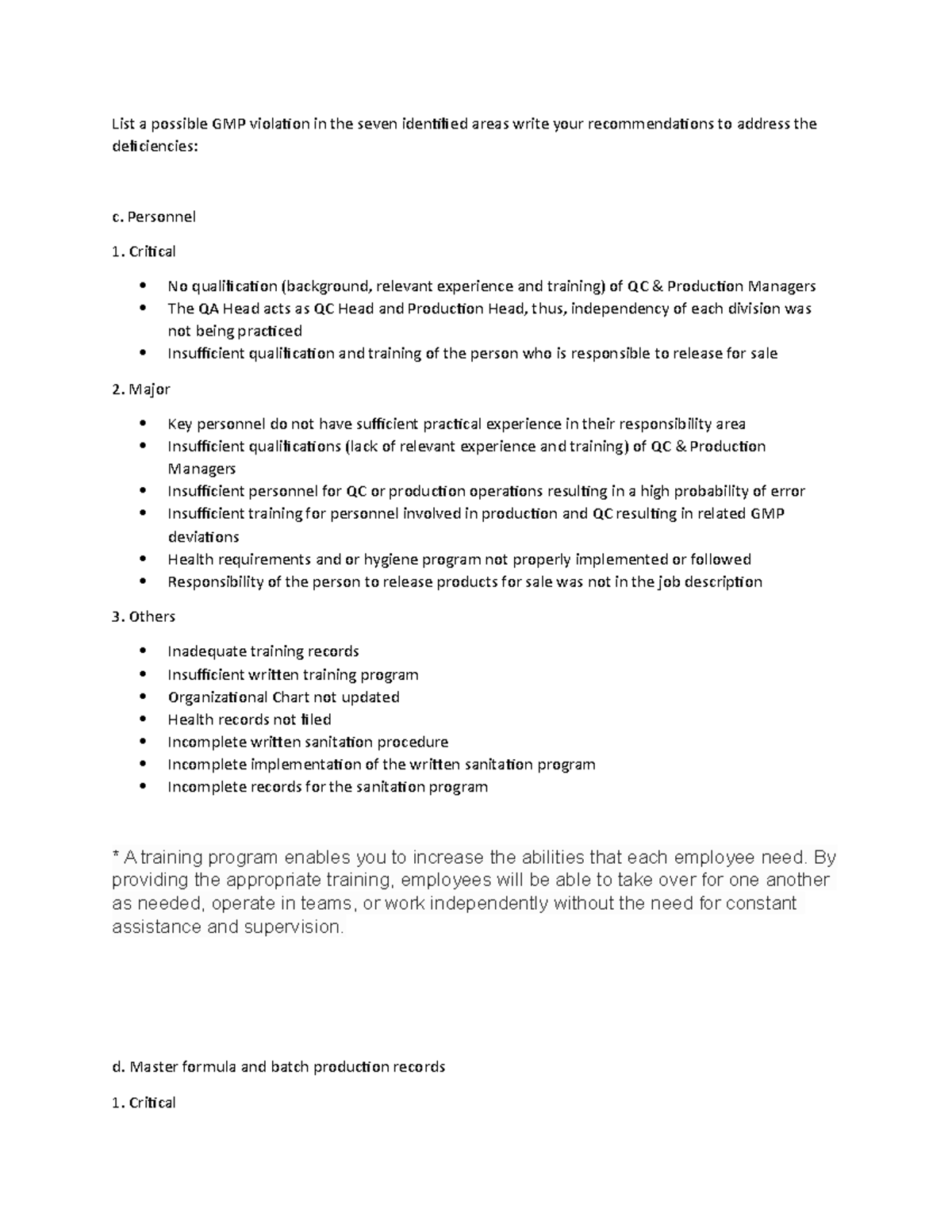 C,d List a possible GMP violation in the seven identified areas write