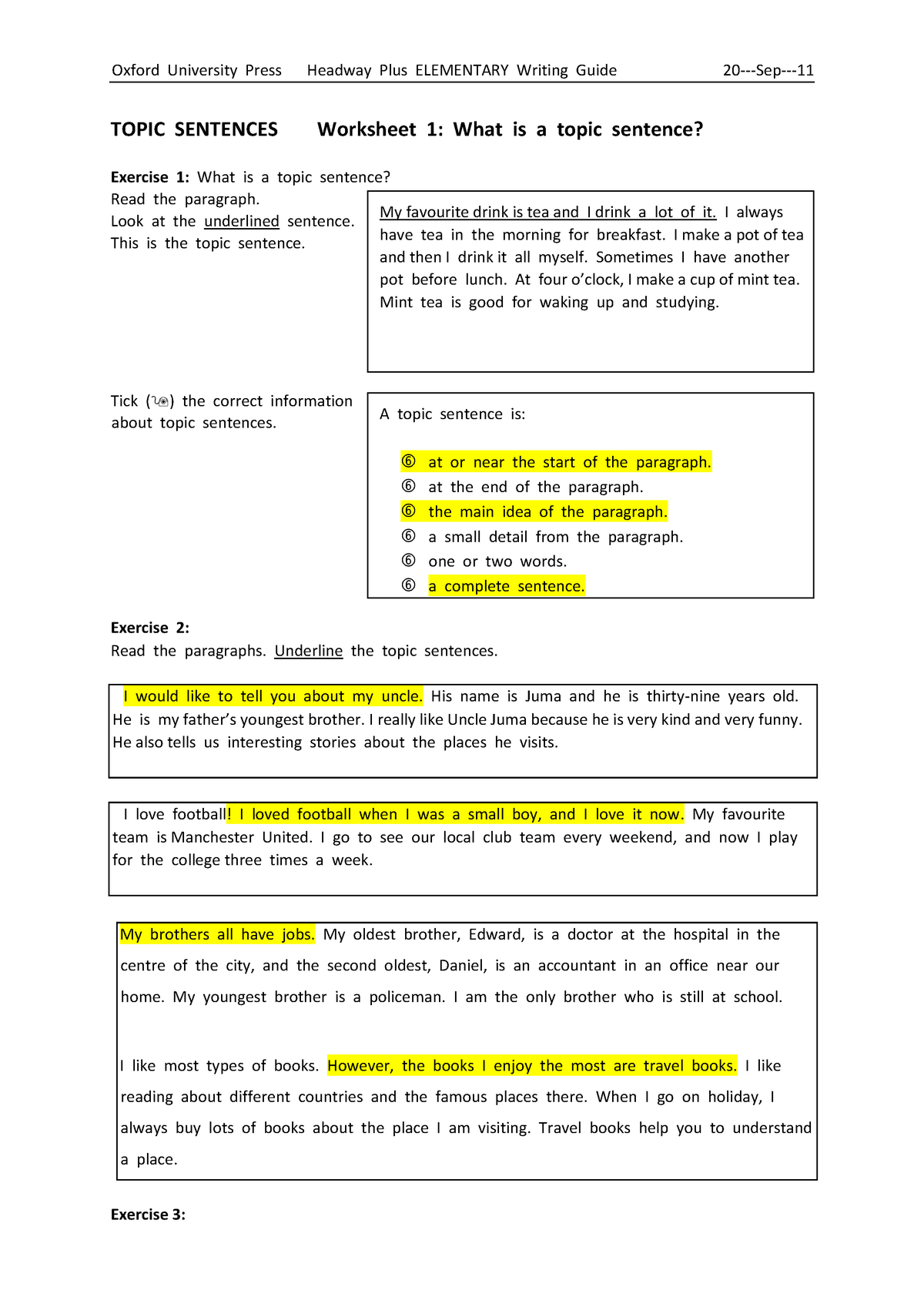 Topic Sentences Worksheet 1 TOPIC SENTENCES Worksheet 1 What Is A Topic Sentence Exercise