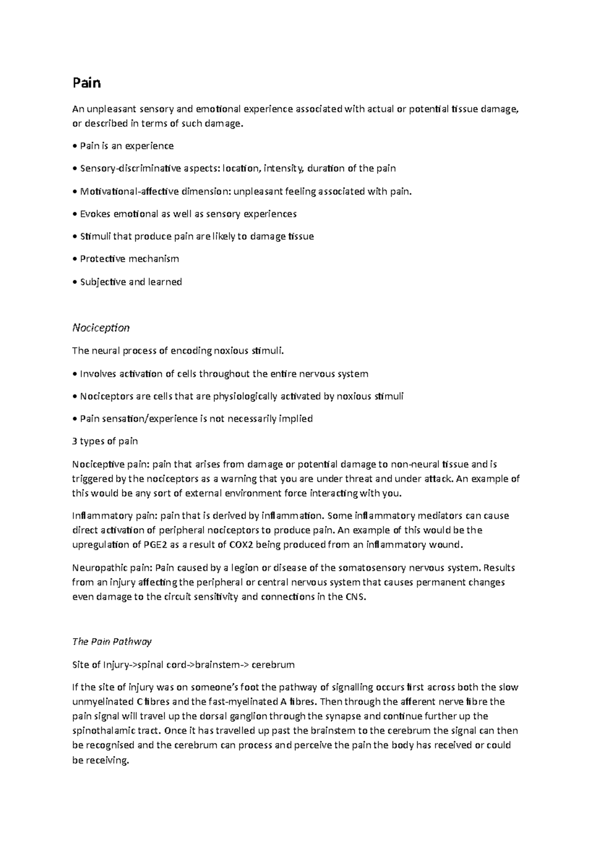 Week 7 Lectures - Pain An unpleasant sensory and emotional experience ...