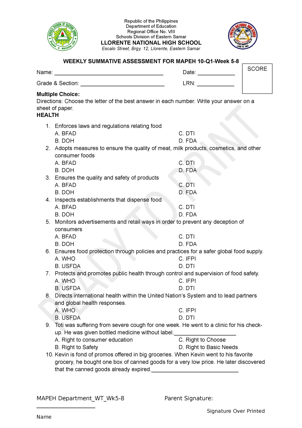 WT Q1 Mapeh 10 Health-WK5-8 - Republic Of The Philippines Department Of ...