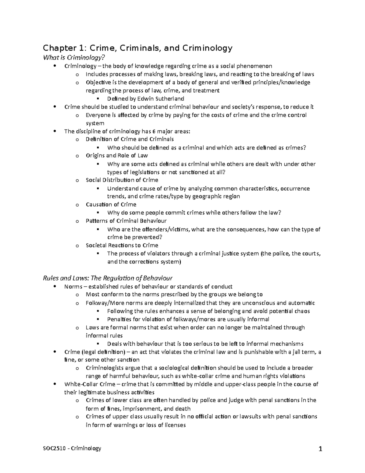 Textbook Summary Notes - Chapter 1: Crime, Criminals, And Criminology ...