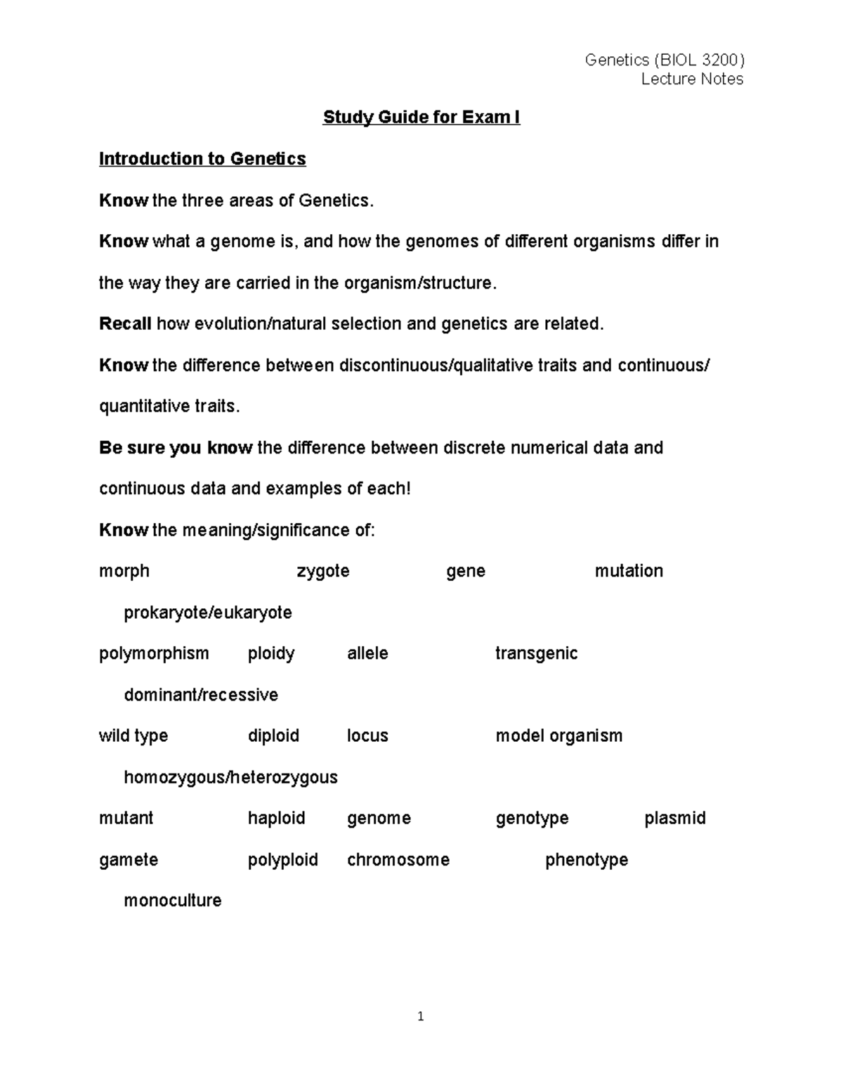 2021 Introductory Genetics BIOL 3200 Lecture Notes Exam 1 Review Study ...