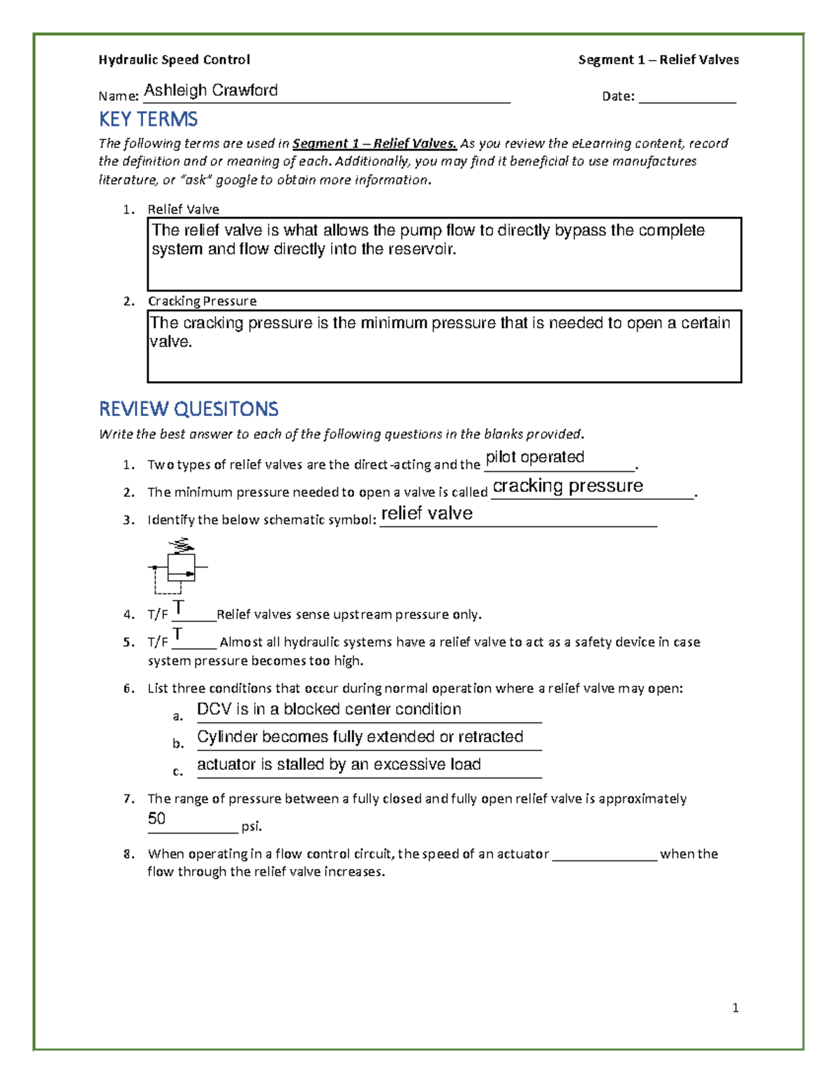 A05 WorksheetFinal Answers Hydraulic Speed Control Segment 1 Relief Valves Name Studocu