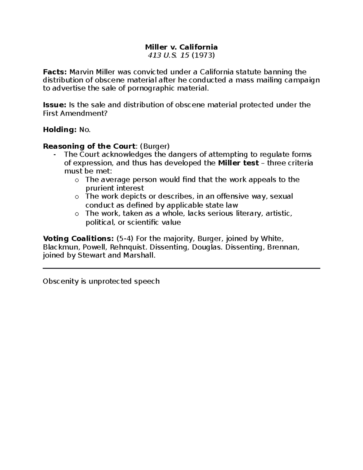 Miller v California POLS/AAST 356 taught by Professor Kevin Lyles