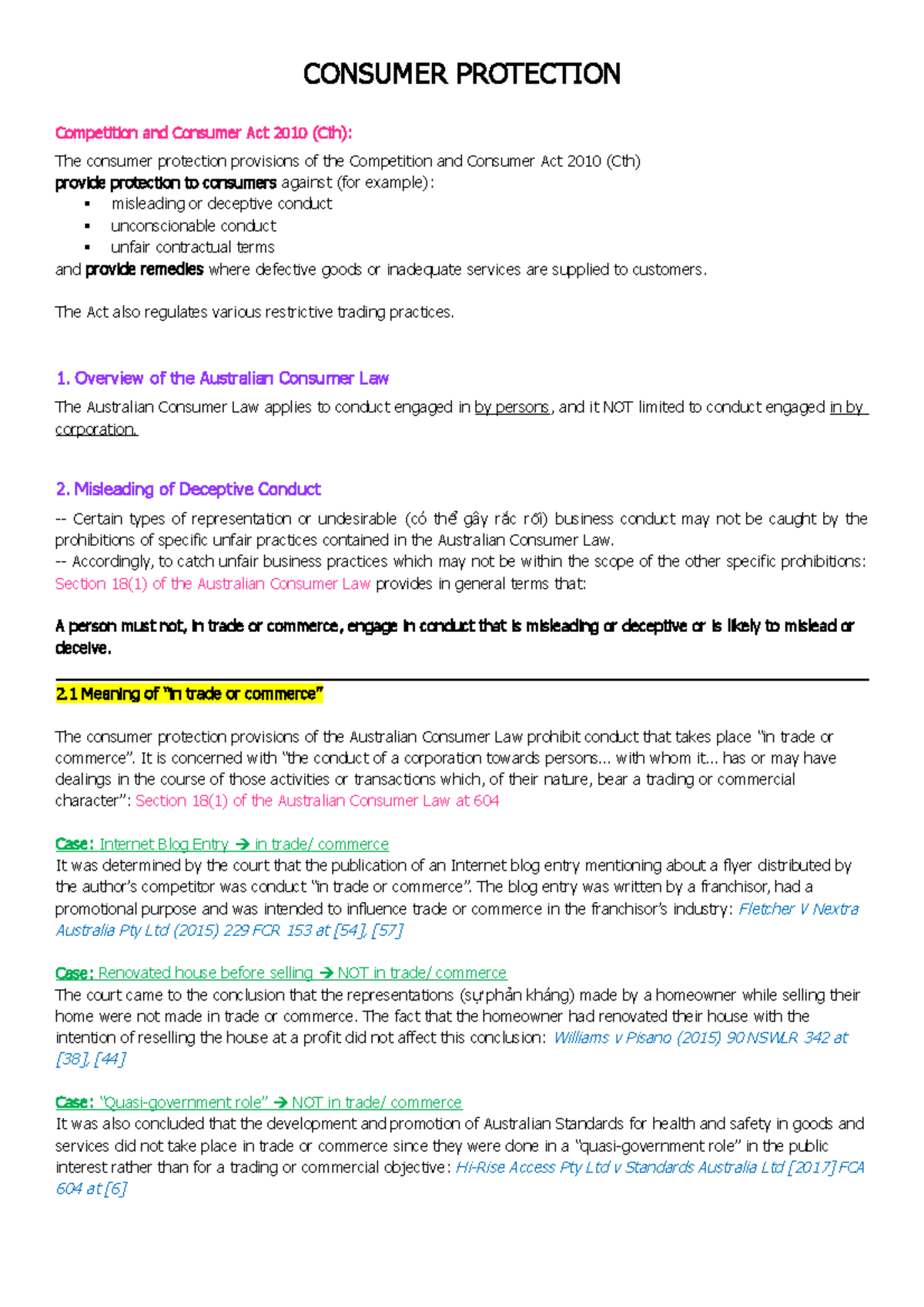 Australian Consumer Law CONSUMER PROTECTION Competition And Consumer 