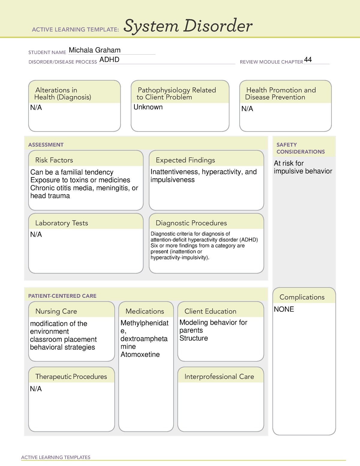 ADHD - ADHD ATI template - ACTIVE LEARNING TEMPLATES System Disorder ...