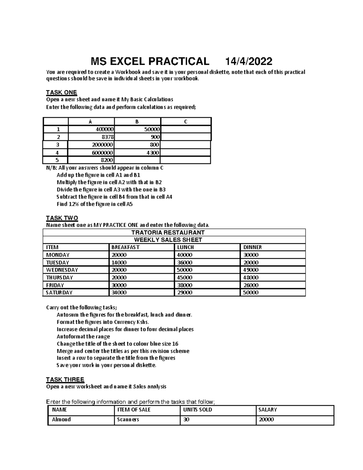 Excel Practicals 023434 - MS EXCEL PRACTICAL 14/4/ You are required to ...