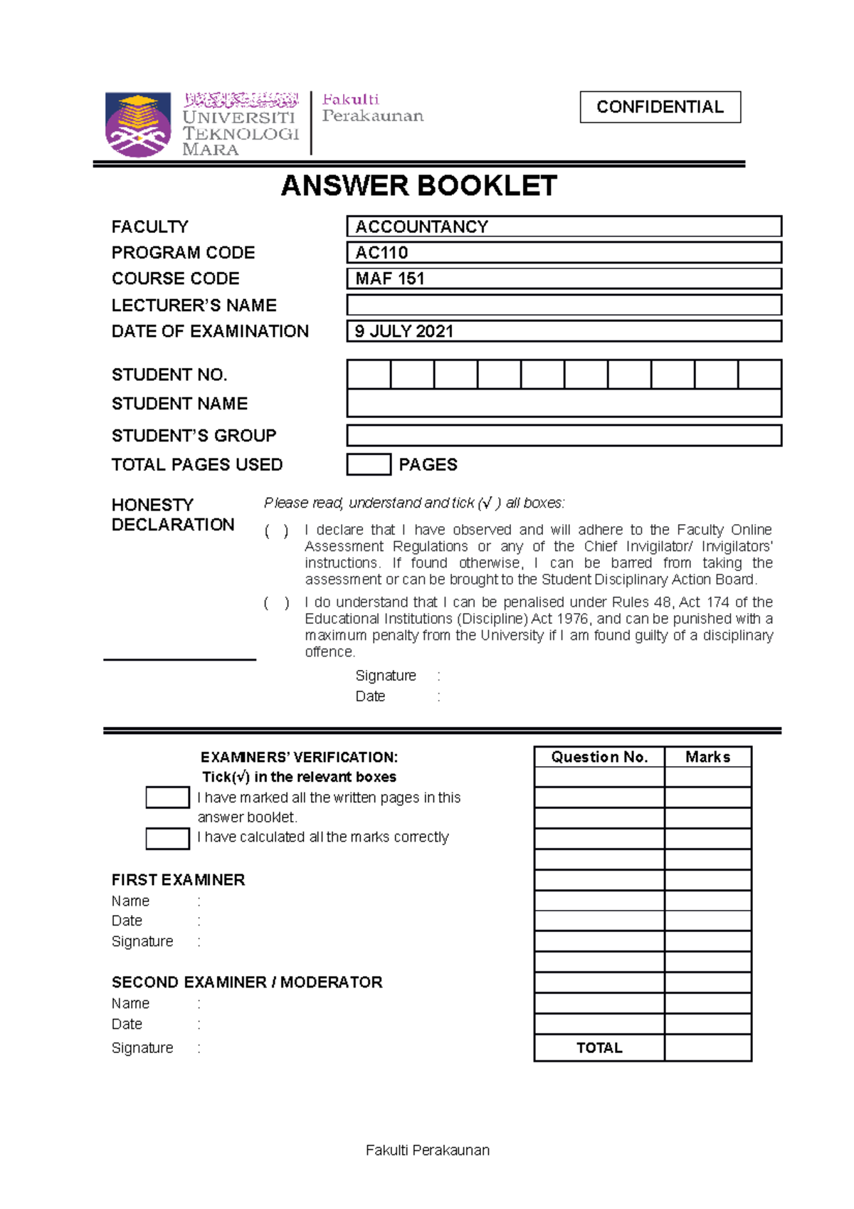 Front Page Test 2 MAF151 ANSWER BOOKLET FACULTY ACCOUNTANCY PROGRAM