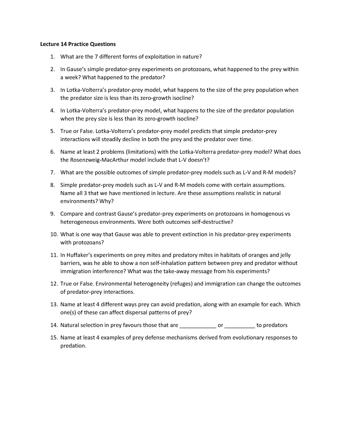 ecology 2060 Sample/practice exam, questions - Lecture 14 Practice 