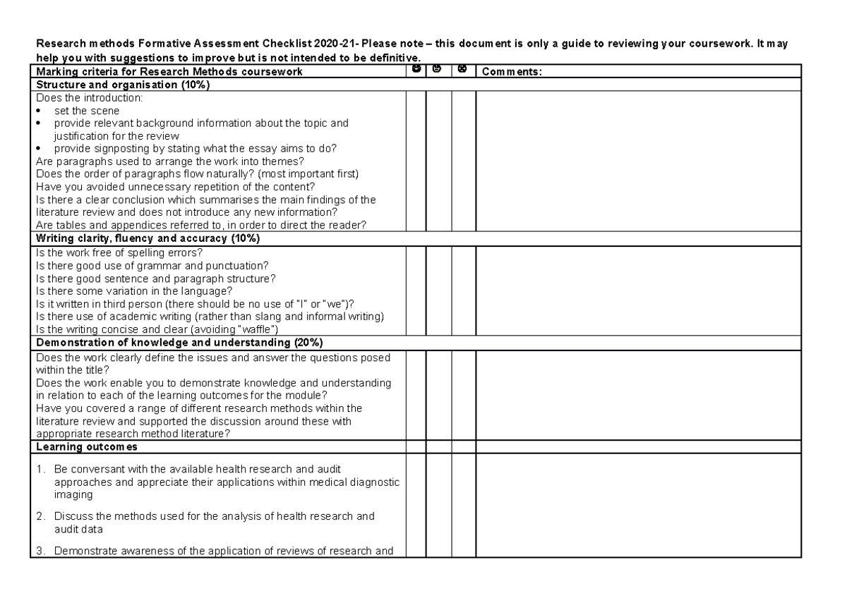 Research methods Formative Assessment Checklist 2020-21 - It may help ...