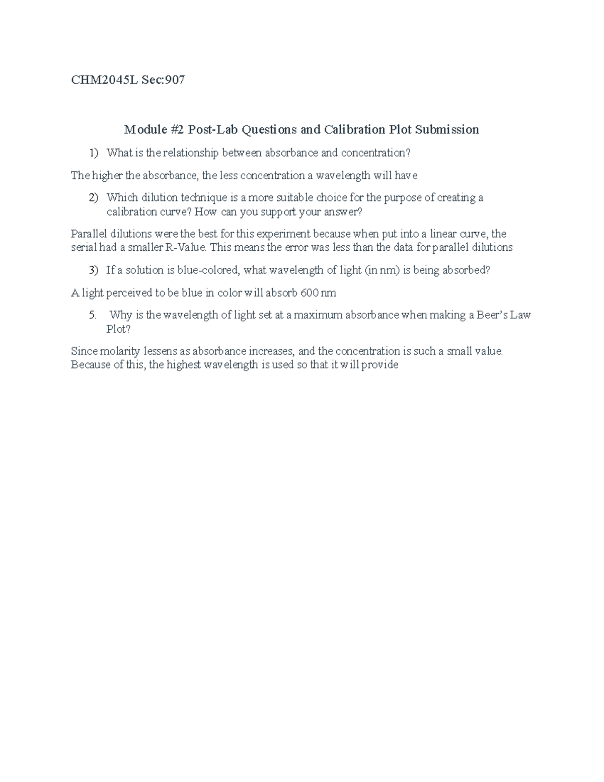 Module #2 Post Lab - CHM2045L Sec: Module #2 Post-Lab Questions And ...