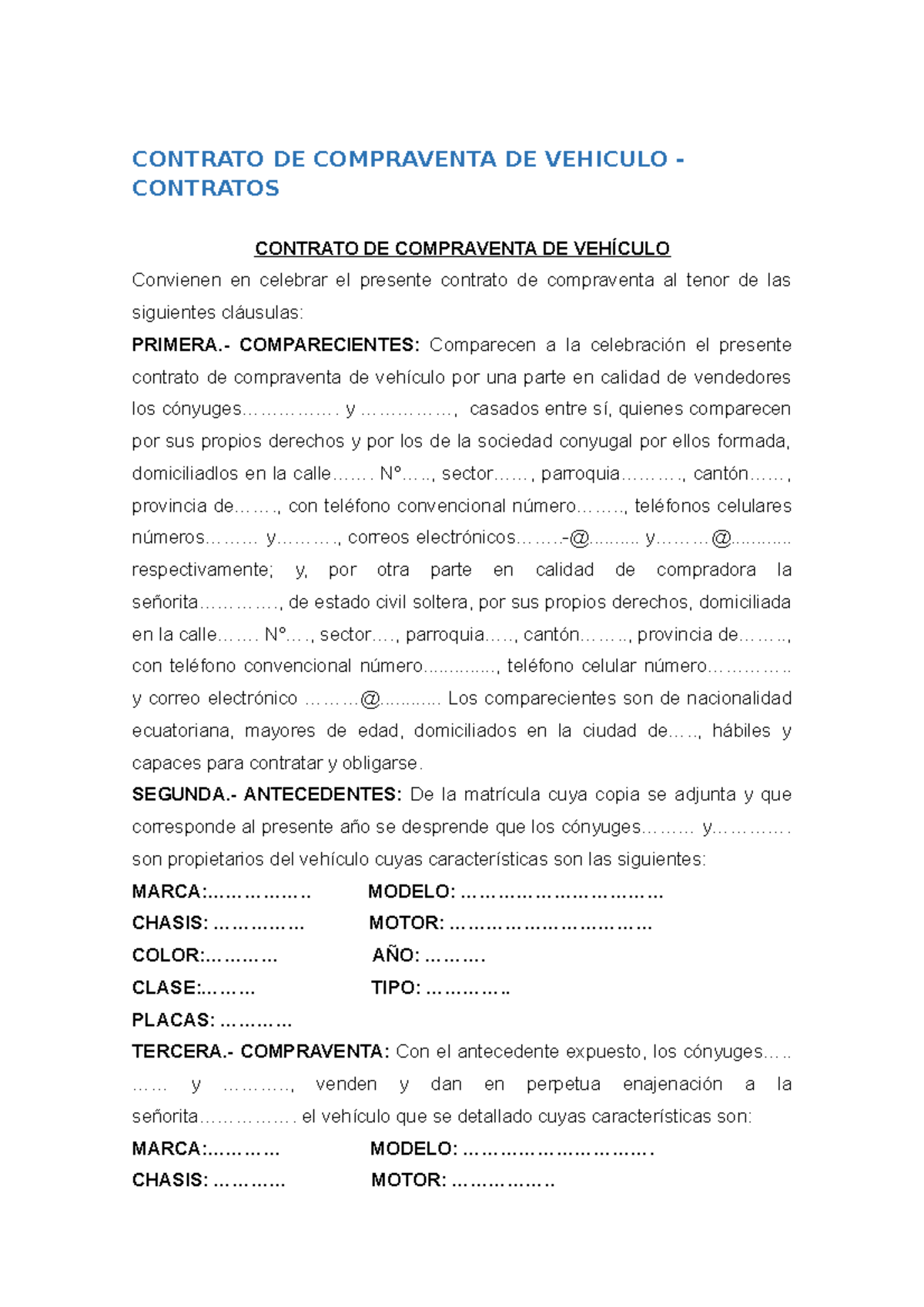 Contrato+DE+ Compraventa+DE+ Vehiculo - CONTRATO DE COMPRAVENTA DE ...