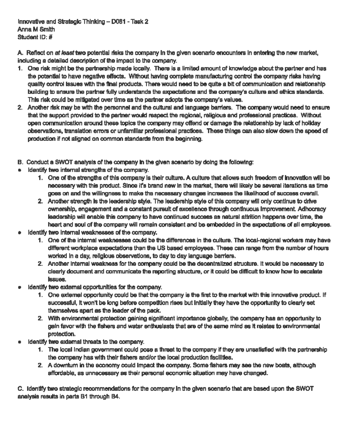 D081 Innovative AND Strategic Thinking TASK 2 - D081 - Studocu