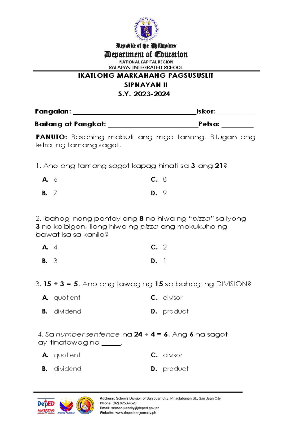 Q3-MATH2-PT - nnghbuj - Republic of the Philippines Department of ...