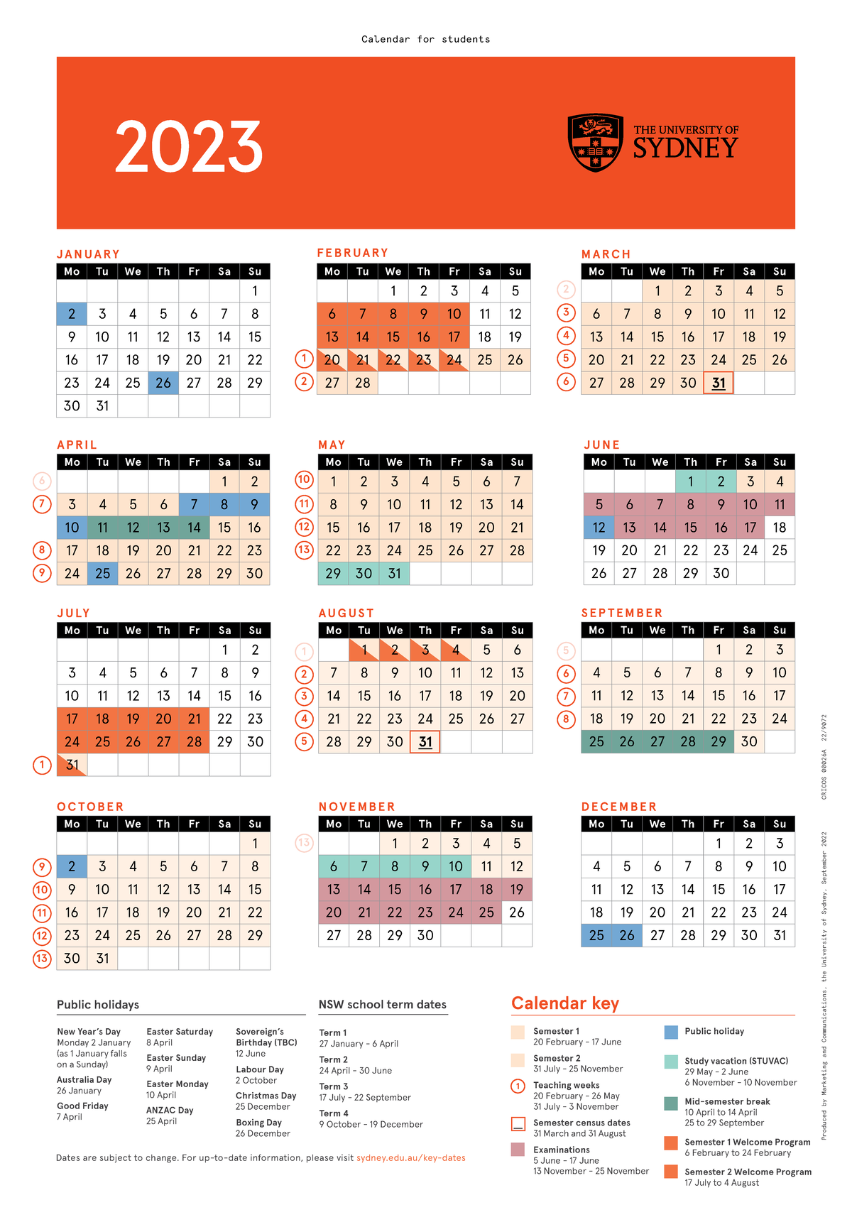 Student wall calendar dates are subject to change for up to date