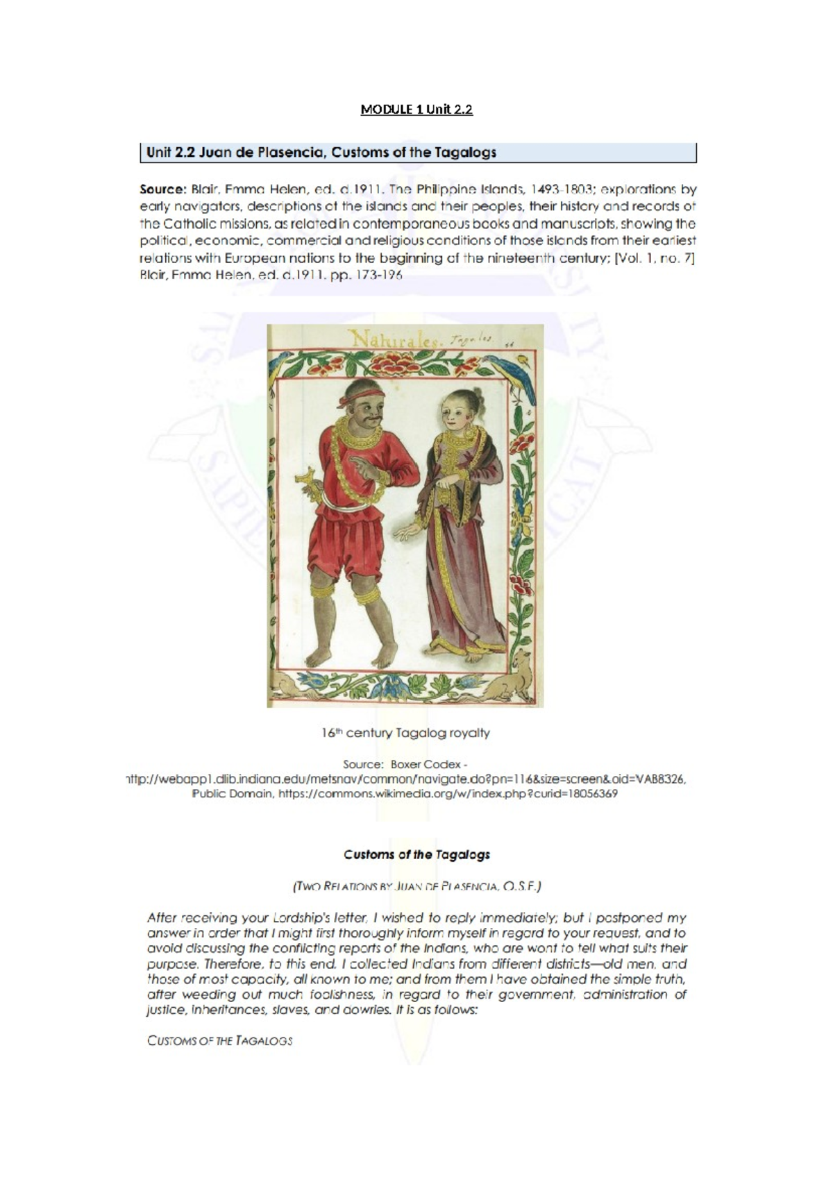 Module 1 Unit 2.2 (Juan de Plasencia, Customs of the Tagalogs ...