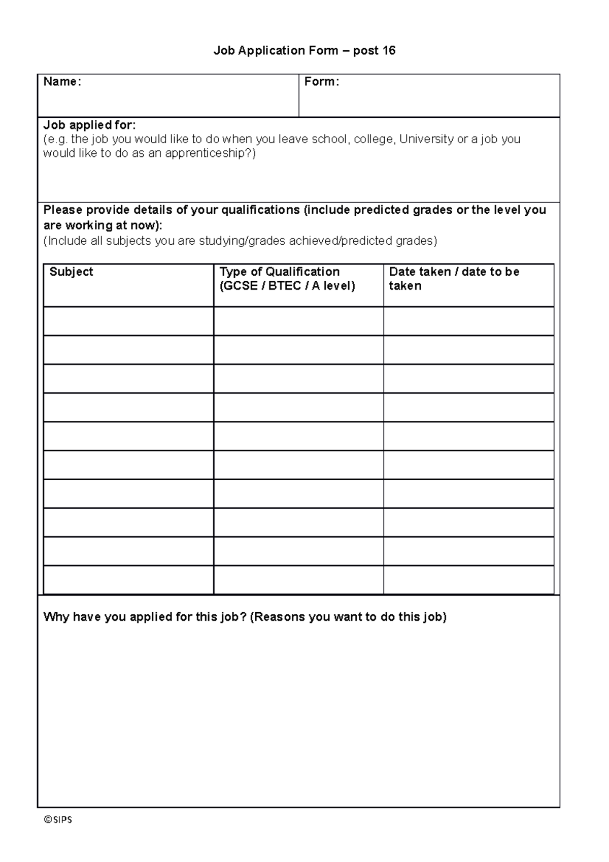 Mock Interview Application Form - Job Application Form – post 16 Name ...