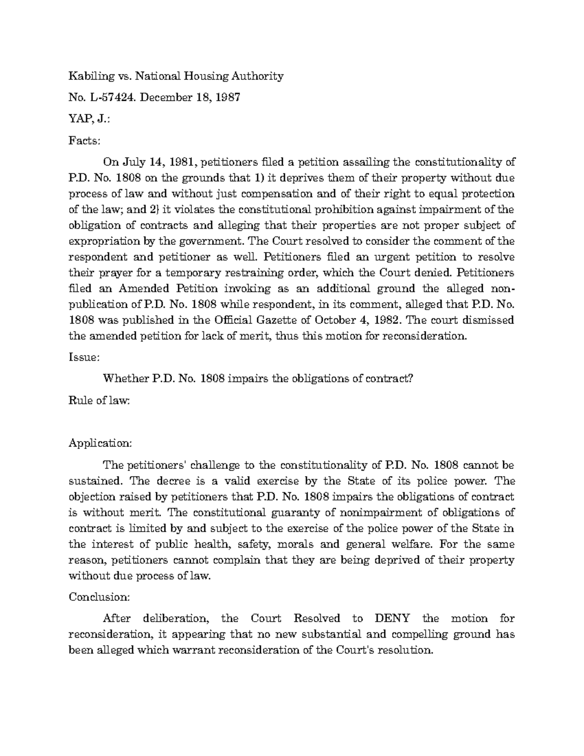 3 Kabiling Vs. National Housing Authority- Case Digest Obligations And 