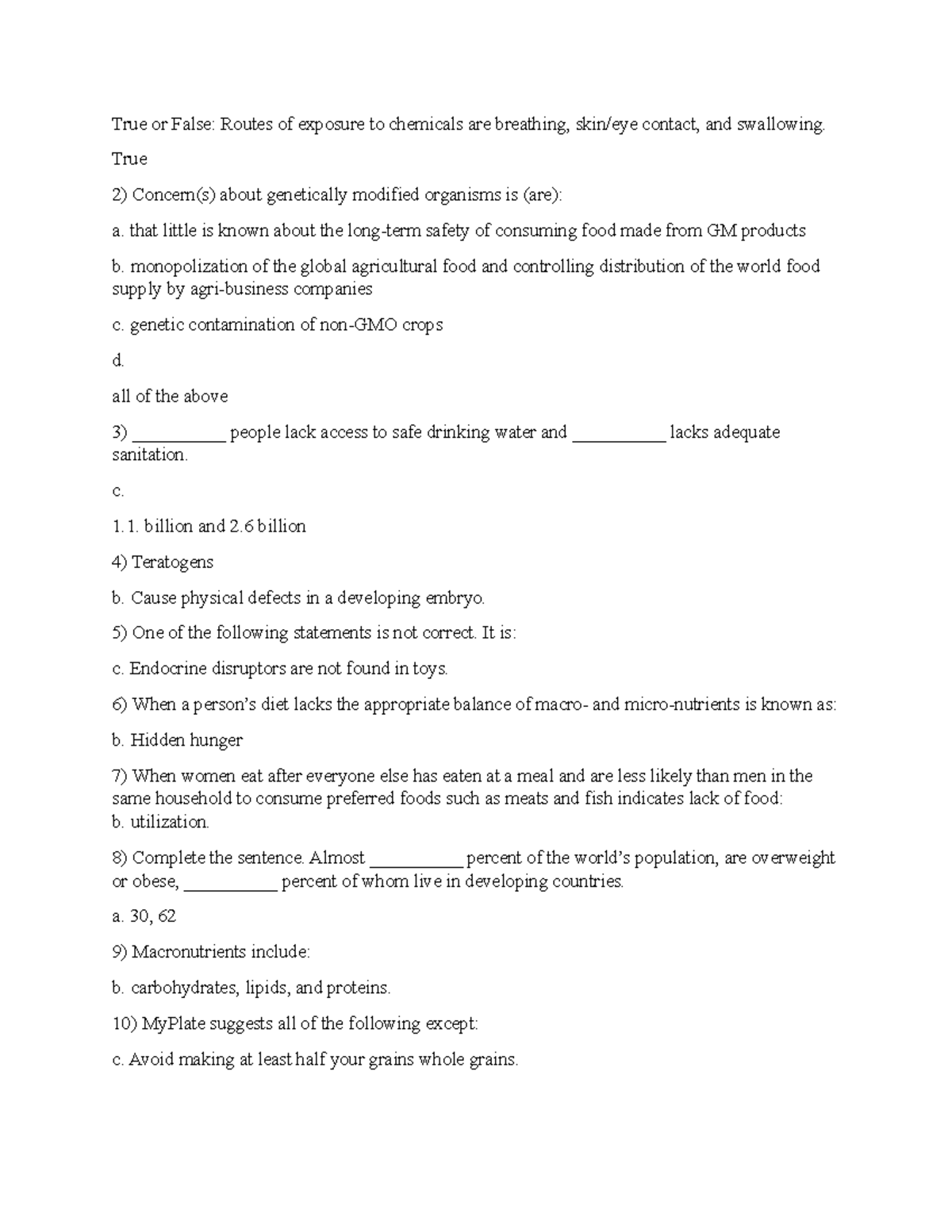 SelfQuiz Unit 4 Introduction to Environmental Sciences True or False