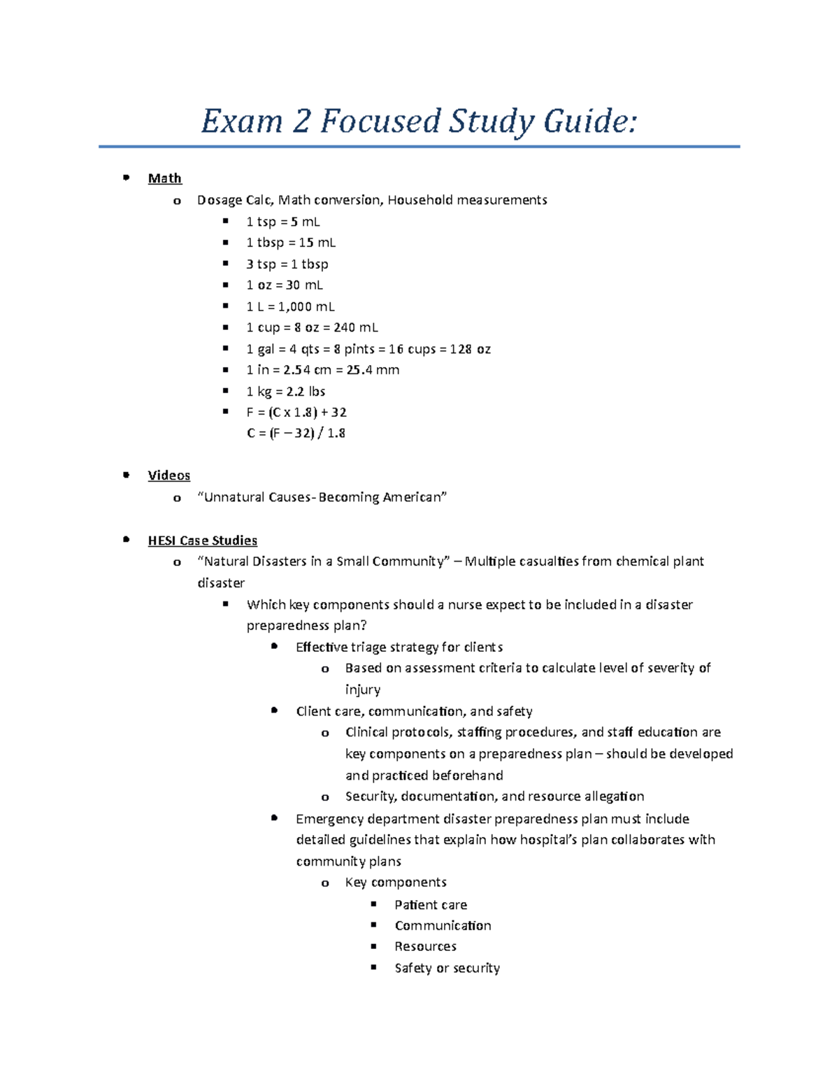 Exam 2 Focused Study Guide - Exam 2 Focused Study Guide: Math o Dosage ...