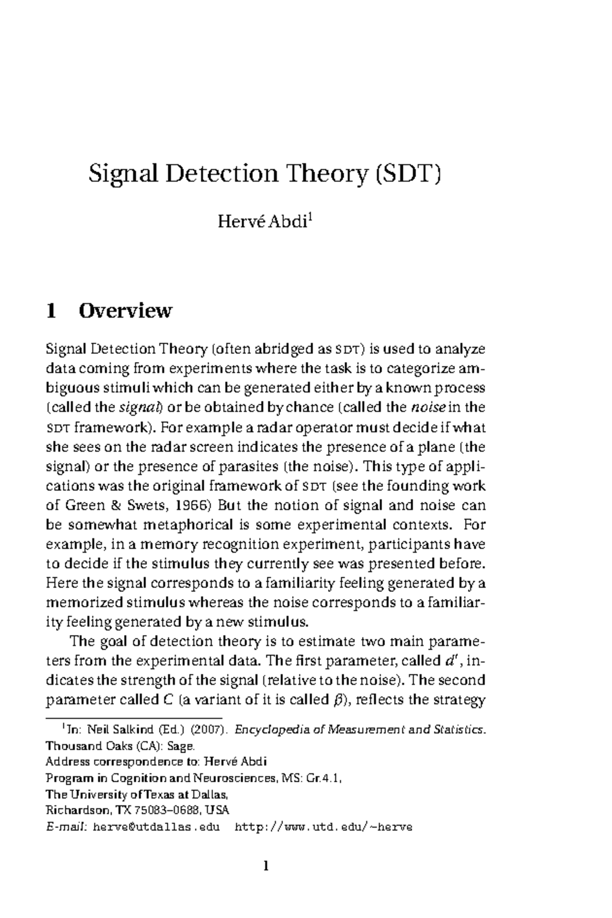 Information About Signal Detection Theory - Signal Detection Theory ...