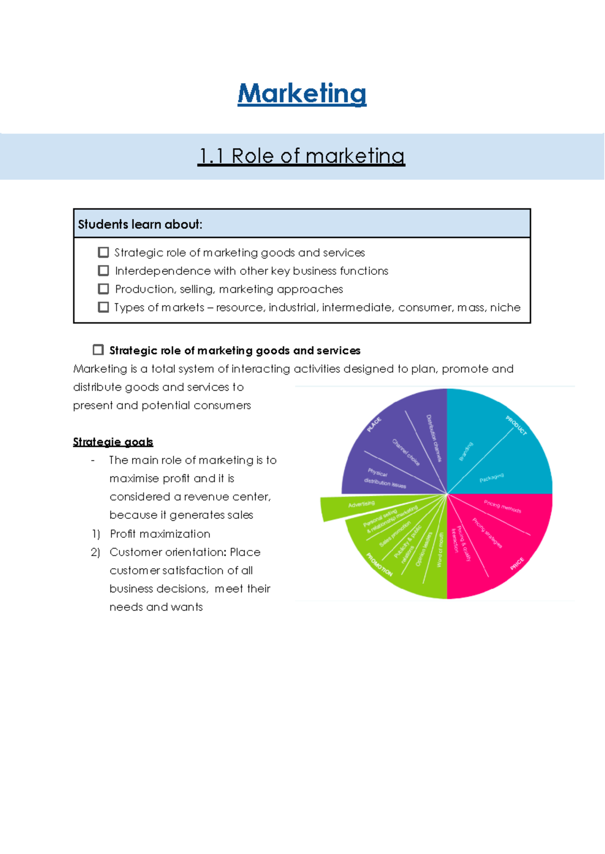 Marketing study notes - Marketing 1 Role of marketing Students learn ...