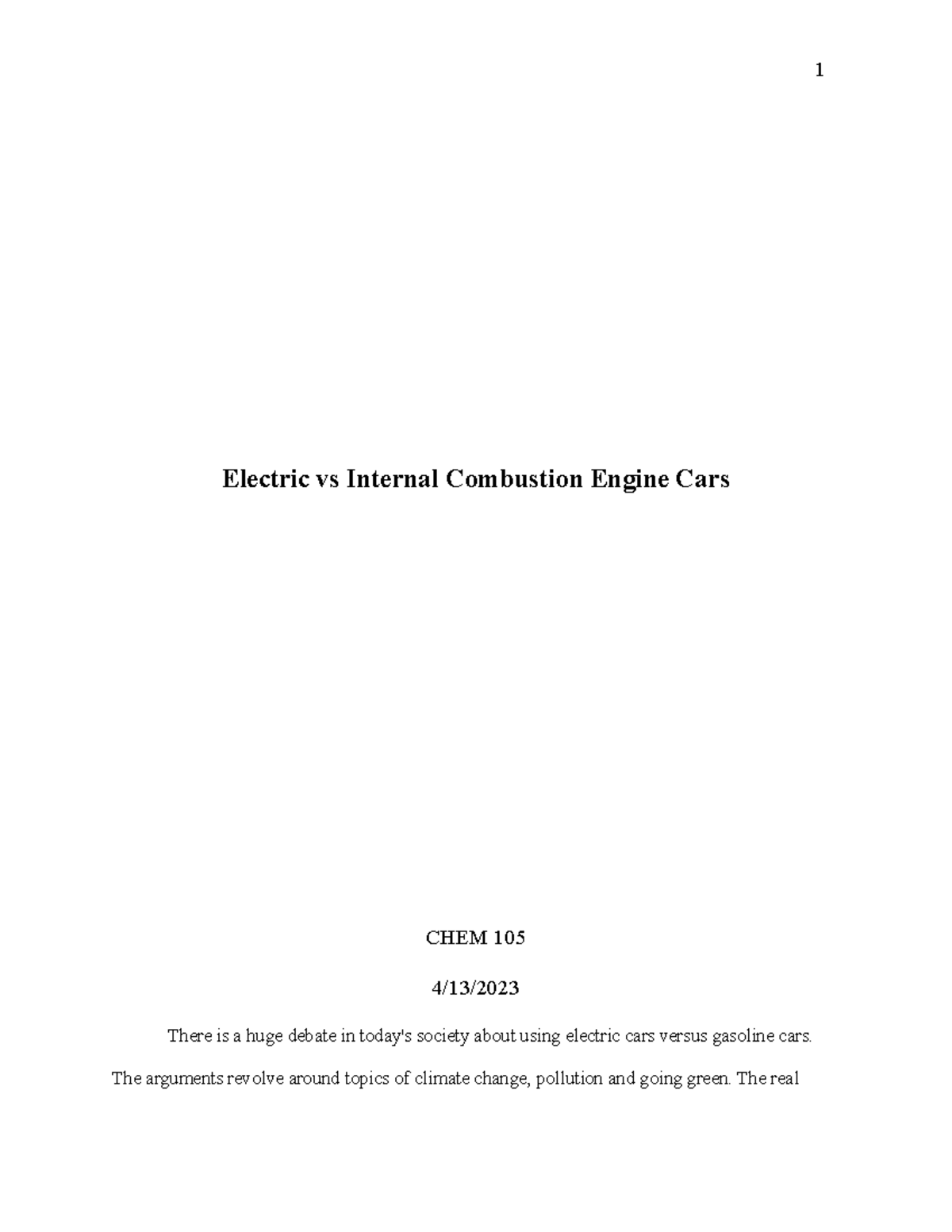 Chem extra credit - Electric vs Internal Combustion Engine Cars CHEM ...