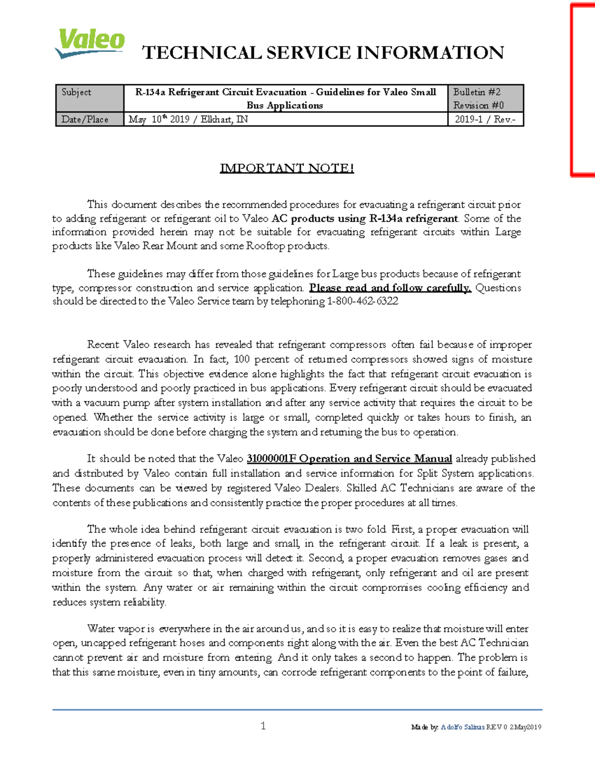 R 134a Refrigerant Circuit Evacuation Guidelines for Valeo AC