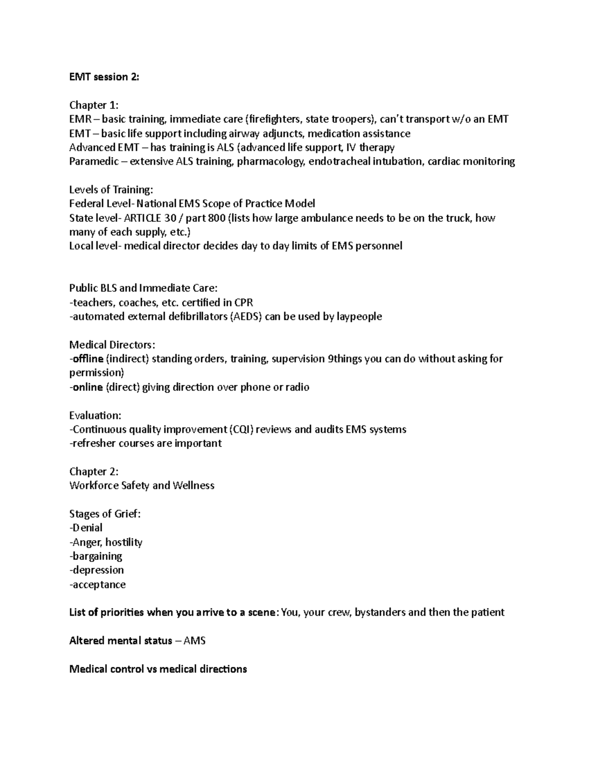 EMT Notes from Northwell pre health care EMT session 2 Chapter 1