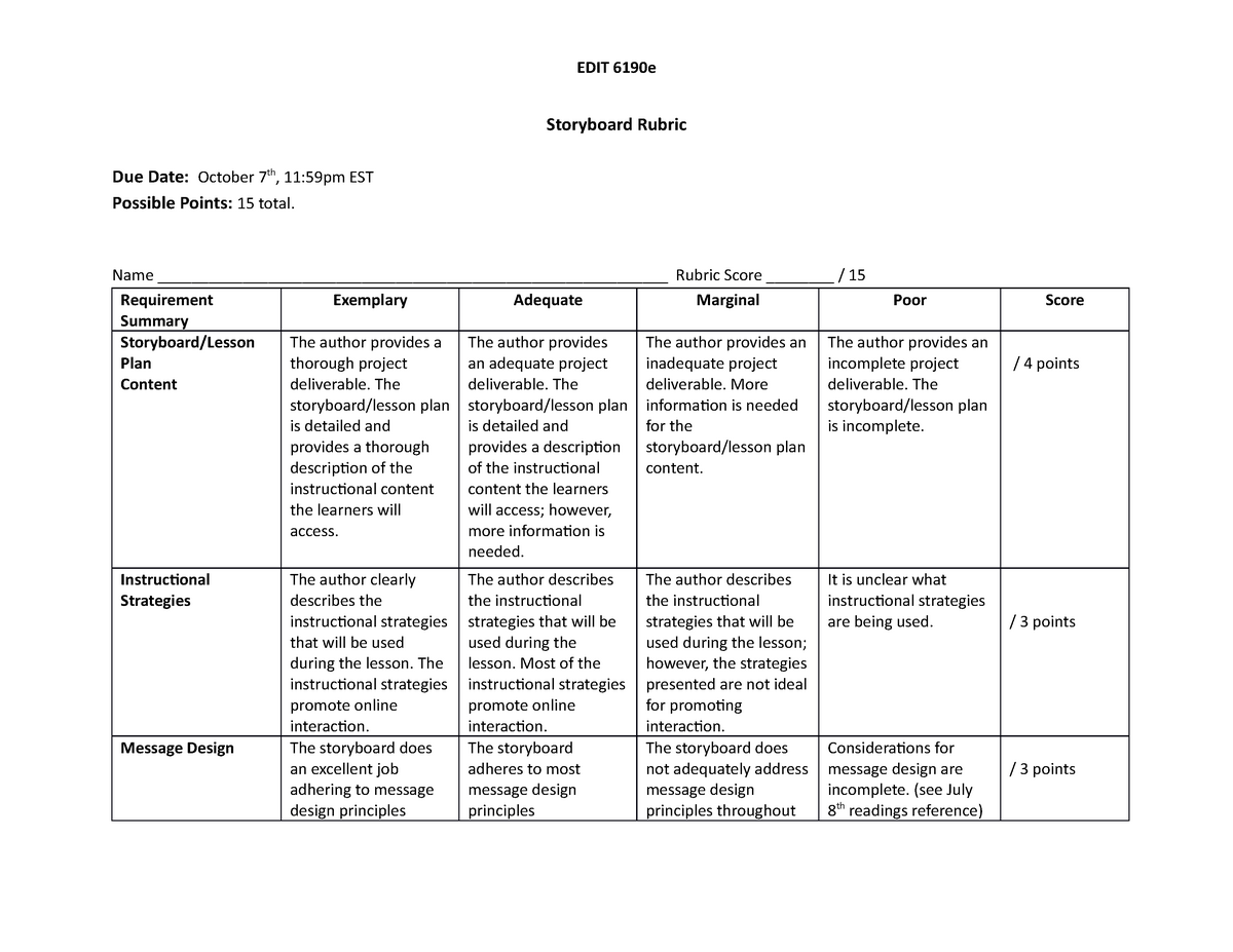 storyboard assignment rubric
