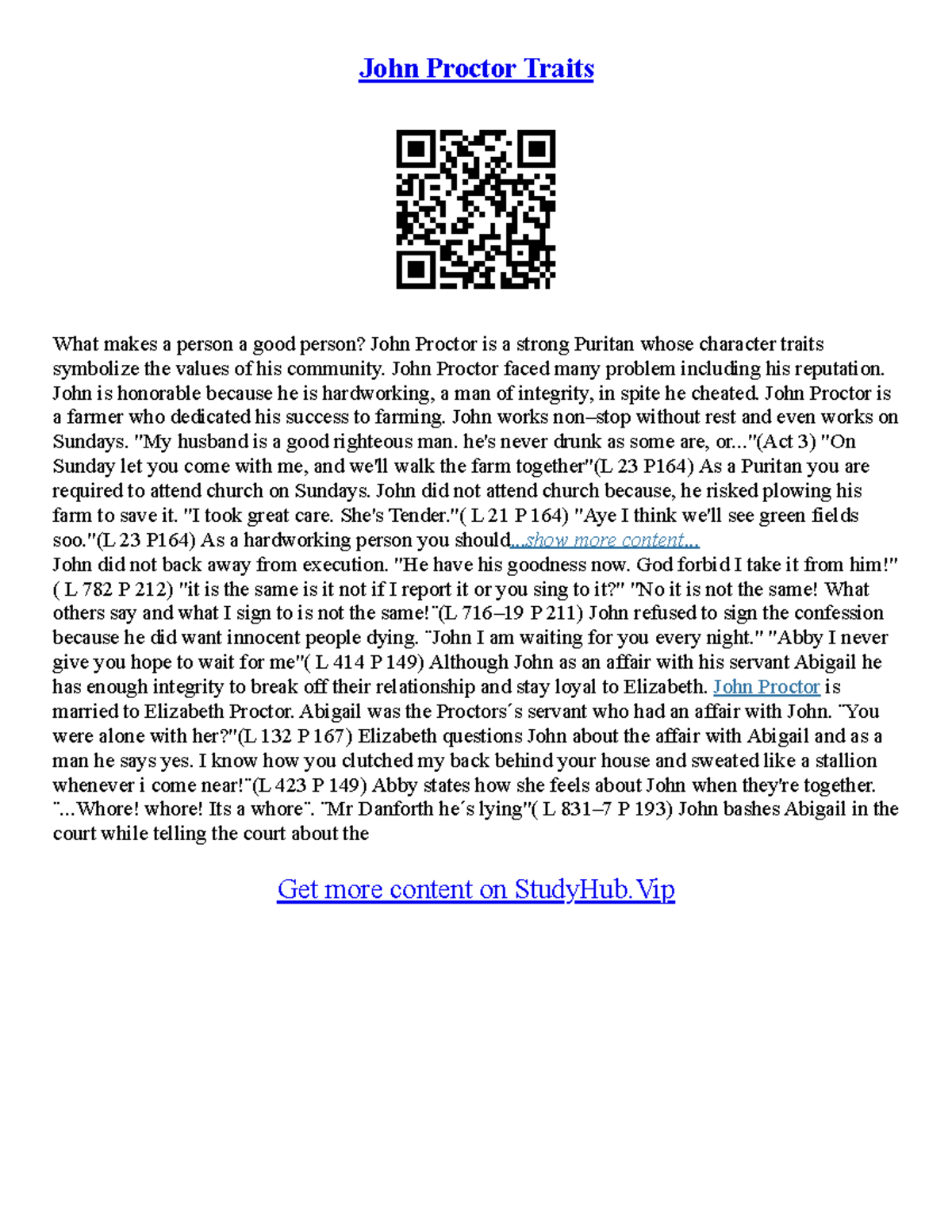 John Proctor Essay John Proctor Traits What makes a person a good