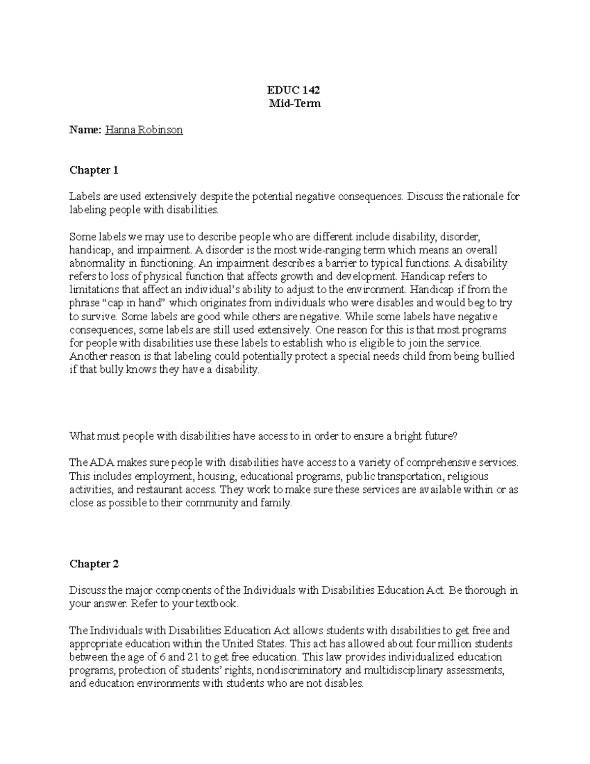 EDUC 142 Mid-Term - EDUC 142- exceptional lives- take home mid term ...
