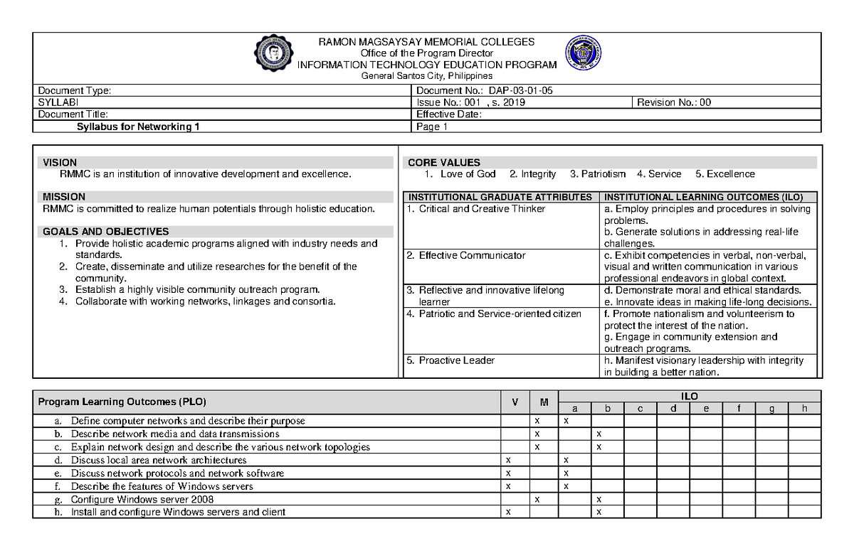 Networking 1 syllabi The course Purposive Communication prepares