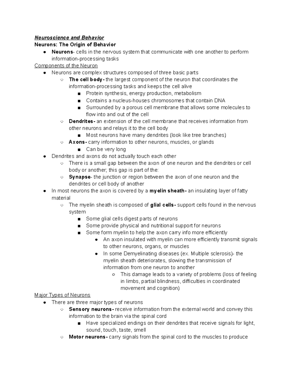 Ch 3 outline - Lecture notes chapter 3 - Neuroscience and Behavior ...