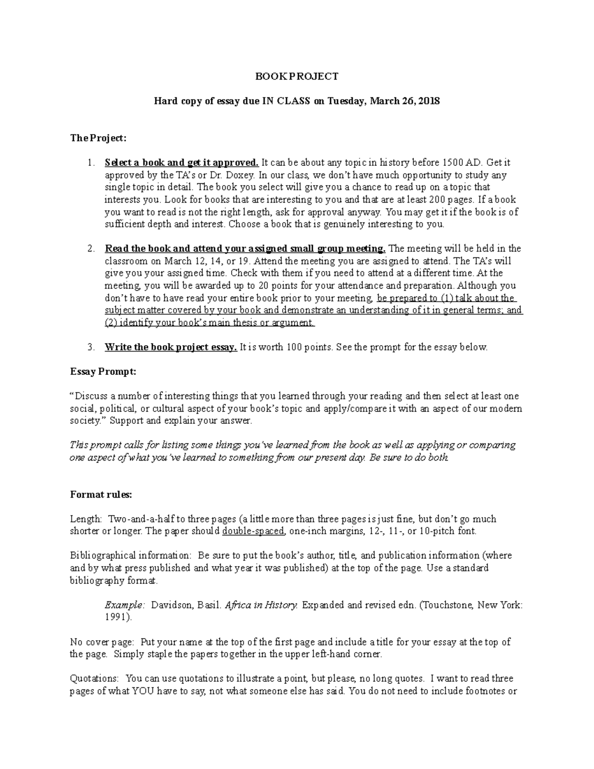 Book Project Winter 19 Book Project Hard Copy Of Essay Due In Class On Tuesday March 26 18 The Project Select Book And Get It Approved It Can Be About Any Studocu