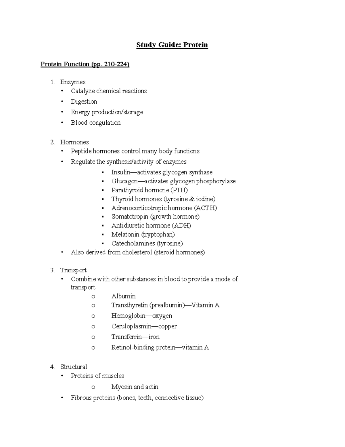 Exam 4 Study Guide (Protein) Study Guide Protein Protein Function