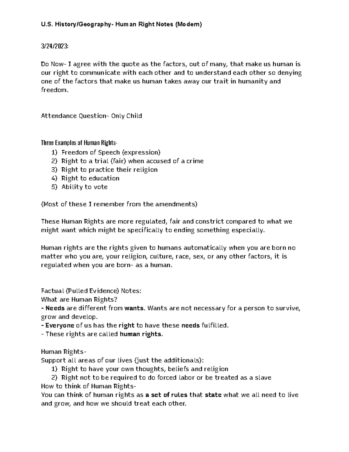 Human Right Notes (Modern) 3-4 2023 - U. History/Geography- Human Right ...