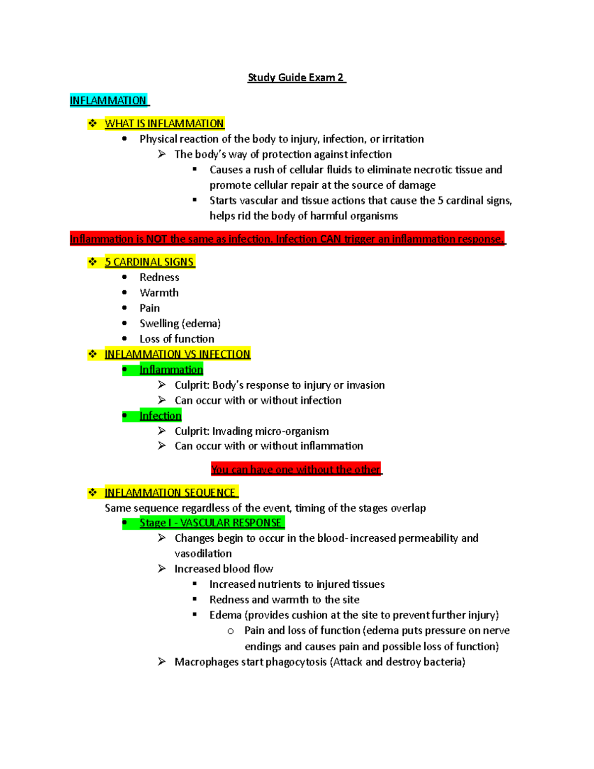 Exam 2 guide - Study Guide Exam 2 INFLAMMATION WHAT IS INFLAMMATION ...