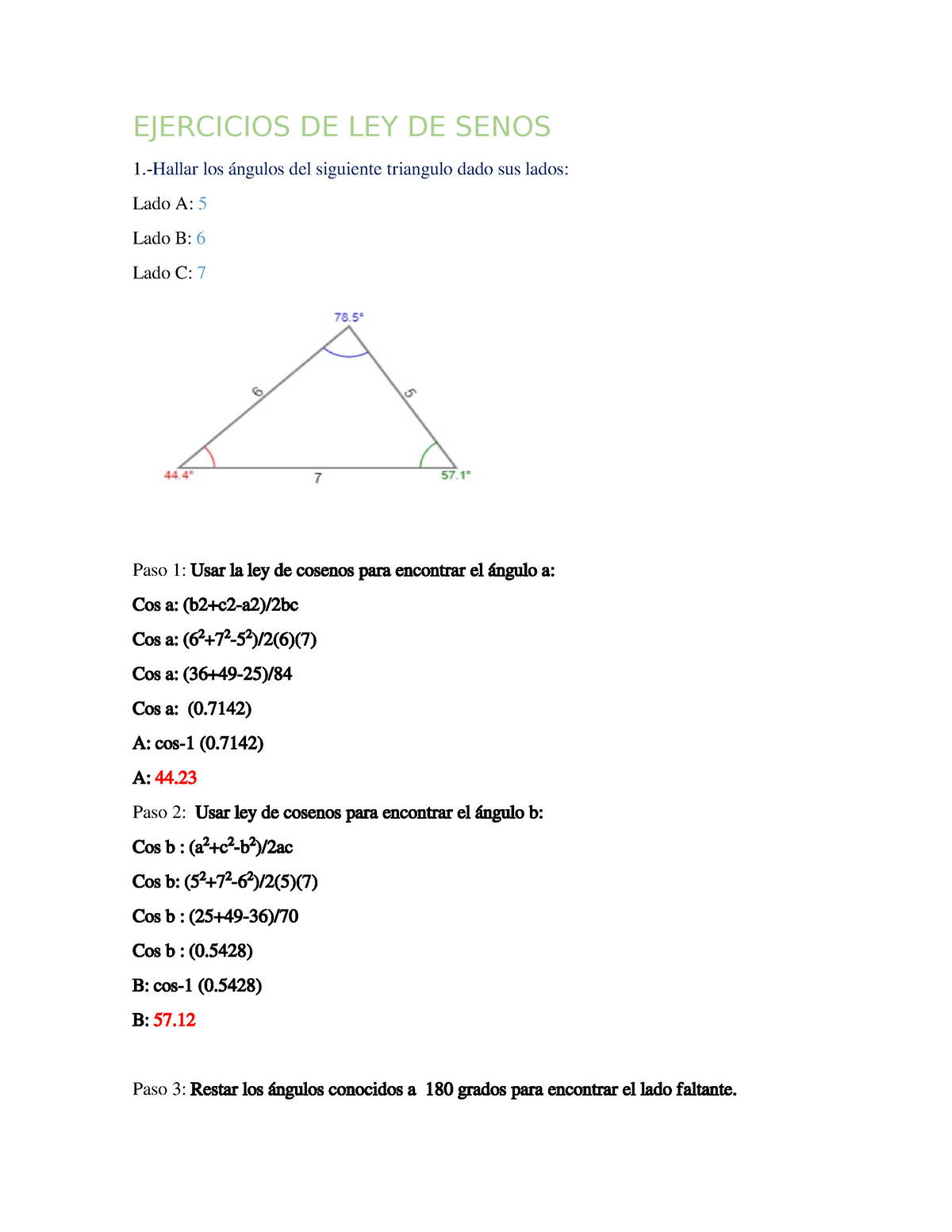 Ejercicios DE LEY DE Senos - EJERCICIOS DE LEY DE SENOS 1.-Hallar Los ...